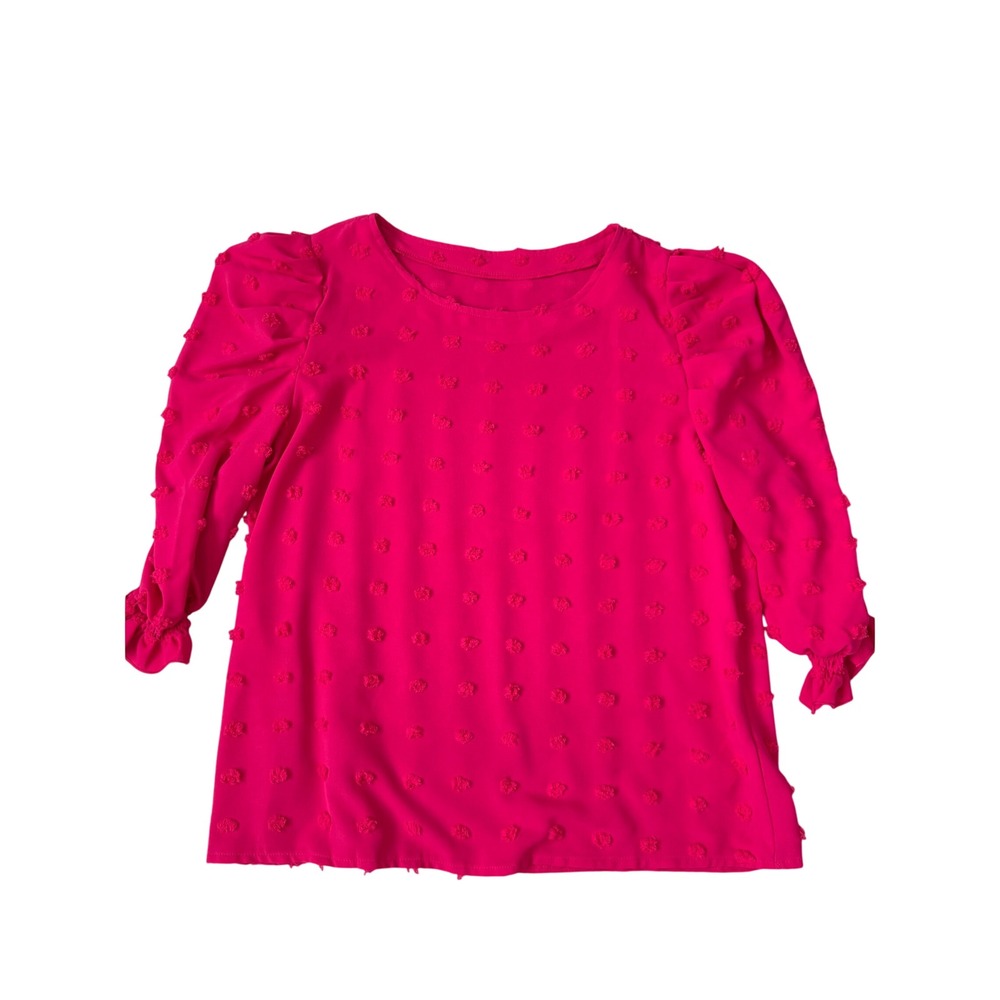 Hot Pink Swiss Dot Puff Sleeve Boho Indie Y2K 90's Blouse Ruffle Cuff Top L